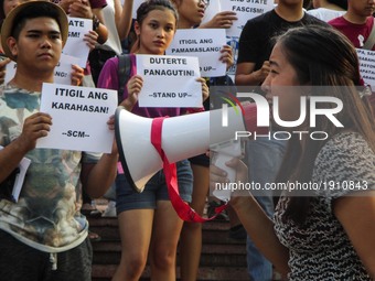 In this photo dated April 19, 2017, student activists stage a protest against the planned conferment of an honorary degree to President Rodr...