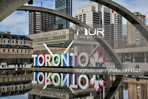 3D Toronto sign at Nathan Philips Square in downtown Toronto, Ontario, Canada, on April 8, 2017. 