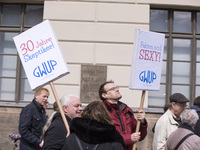 Member of the skeptic 'Society for the Scientifical Investigation of Parasciences' (GWUP) hold banners during the 'March for Science' in Ber...
