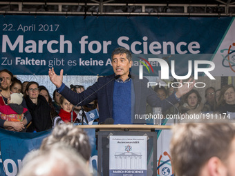 Physician and technology writer Ranga Yogeshwar speaks during the 'March for Science' in front of Brandenburg Gate in Berlin, Germany on Apr...