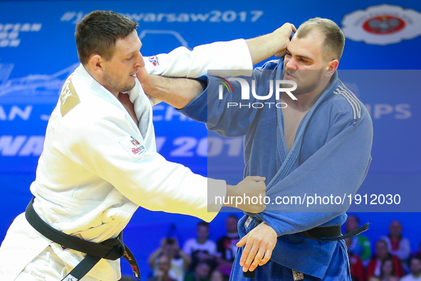 Lukas Krpalek (CZE, white), Maciej Sarnacki (POL, blue), during the men's over 100kg competition during the European Judo Championship in Wa...