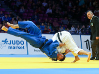 French Cyrille Maret (blue) fights with Elkhan Mammadov (white) from Azerbaijan during men under 100kg competition during the European Judo...