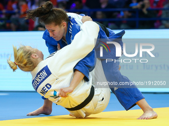 Karen Stevenson (NED, white), Natalie Powell (GBR, blue),  compete during the European Judo Championship in Warsaw, Poland, on April 21, 201...