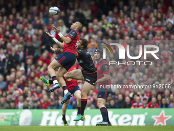 Simon Zebo of Munster jumps for the ball during the European Rugby Champions Cup Semi-Final match between Munster Rugby and Saracens at Aviv...
