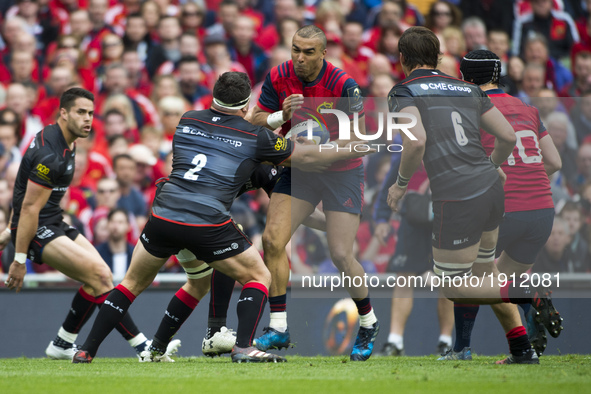 Simon Zebo of Munster tackled by Jamie George of Saracens during the European Rugby Champions Cup Semi-Final match between Munster Rugby and...