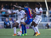 Marta Torrejon of FC Barcelona against Ashley Lawrence of Paris Saint Germani during the semifinals of UEFA Womens Champions League match be...
