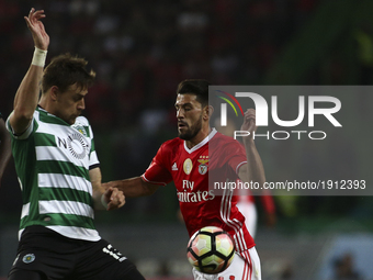 Benfica's forward Luis Fernandes 'Pizzi' (R) vies with Sporting's defender Sebastian Coates during the Portuguese League  football match bet...