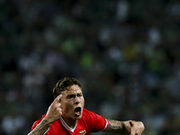 Benfica's Swedish defender Victor Lindelof celebrates after scoring a goal during the Portuguese League  football match between Sporting CP...