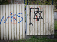 A star of David is seen depicted hanging from a gallows indicating antisemitic symbolism on 22 April, 2017. Since the end of 2015 when the c...