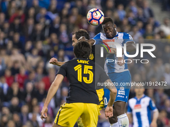 Felipe Caicedo and Diego Godin during the match between RCD Espanyol vs Atletico Madrid, for the round 33 of the Liga Santander, played at R...
