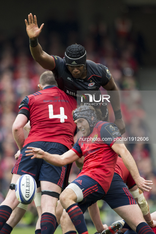 Duncan Williams of Munster kicks the ball the European Rugby Champions Cup Semi-Final match between Munster Rugby and Saracens at Aviva Stad...