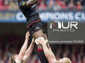 Maro Itoje of Saracens wins line out during the European Rugby Champions Cup Semi-Final match between Munster Rugby and Saracens at Aviva St...