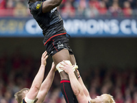 Maro Itoje of Saracens wins line out during the European Rugby Champions Cup Semi-Final match between Munster Rugby and Saracens at Aviva St...