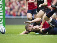 George Kruis of Saracens reacts after an unsuccessful grounding of the ball to score a try during the European Rugby Champions Cup Semi-Fina...
