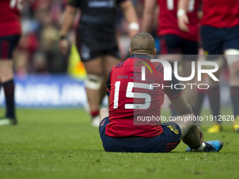 Simon Zebo of Munster dejected after the European Rugby Champions Cup Semi-Final match between Munster Rugby and Saracens at Aviva Stadium i...
