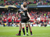 Jim Hamilton and Chris Ashton of Saracens celebrate after the European Rugby Champions Cup Semi-Final match between Munster Rugby and Sarace...