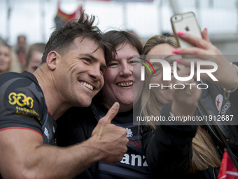 Saracens fans taking a picture with Schalk Brits of Saracens after the European Rugby Champions Cup Semi-Final match between Munster Rugby a...