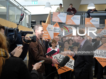 Liberal Democrat leader, Tim Farron arrives in the ministry of sound in south London, on April 23, 2017 to lunch their campaign for the upco...