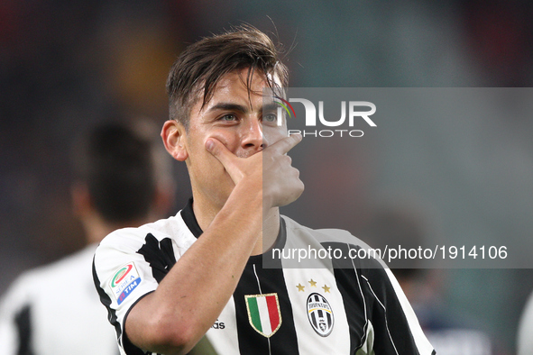 Juventus forward Paulo Dybala (21) celebrates after scoring his goal during the Serie A football match n.33 JUVENTUS - GENOA on 23/04/2017 a...