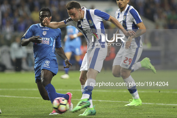 Porto's Portuguese midfielder Diogo Jota kick during the Premier League 2016/17 match between FC Porto and CD Feirense, at Dragao Stadium in...