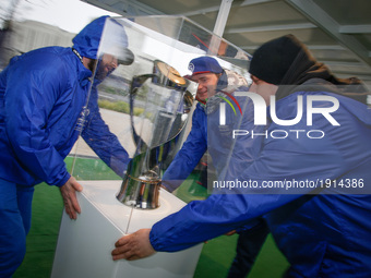 The UEFA Under-21 trophy is pictured during a UEFA during a tour bus promoting the upcoming under 21 UEFA football championship in Bydgoszcz...