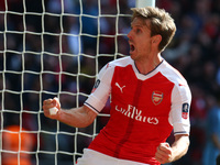 Arsenal's Nacho Monreal celebrates scoring his sides first goal  during The Emirates FA Cup - Semi-Final match between Arsenal and Mancheste...
