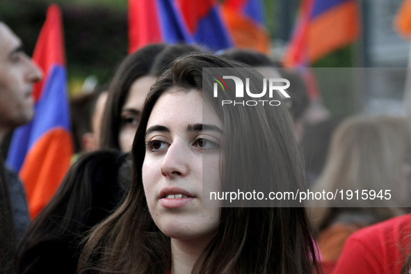 Young Armenians demonstrate close to the Turkish embassy in central Athens, on Monday April 24, 2017. Hundreds of Armenians who live in Gree...