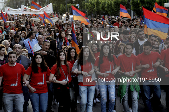 Armenians march to theTurkish embassy in central Athens, on Monday April 24, 2017. Hundreds of Armenians who live in Greece participated to...