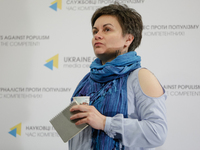 KyivPride program director Anna Sharygina is seen during the press briefing in Kyiv, Ukrane, April 24, 2017. (