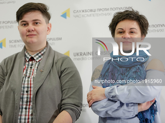 The Head of KievPride organizing committee Ruslana Panukhnyk (L) and KyivPride program director Anna Sharygina (R) are seen during the press...