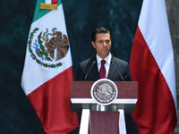 President of Mexico Enrique Pena Nieto speak during the  media meeting at National Palace on April 24, 2017 in Mexico City, Mexico (