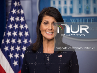 Nikki Haley, United States Ambassador to the United Nations, answers questions from reporters at the White House press briefing in the James...