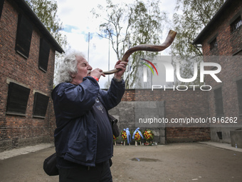 John J. Podmolik plays shofar during the 'March of the Living' at the former Nazi-German Auschwitz concentration and extermination camp at O...