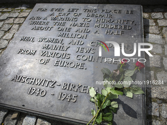 Plaque with English words at International Monument at the former Nazi-German Auschwitz Birkenau concentration and extermination camp at Osw...