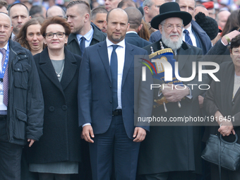 (Left to Right) Polish minister of Education Anna Zalewska, Israeli minister of Education Naftali Bennett and Rabbi Yisrael Meir Lau, the Ch...