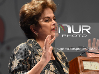 Former President of Brazil, Dilma Rousseff is seen speaking in her Conference 'The Future of Democracy in Latin America' during the Colloqui...