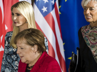 Daughter of US President Ivanka Trump (L), German Chancellor Angela Merkel (C) and Managing Director of the International Monetary Fund (IMF...