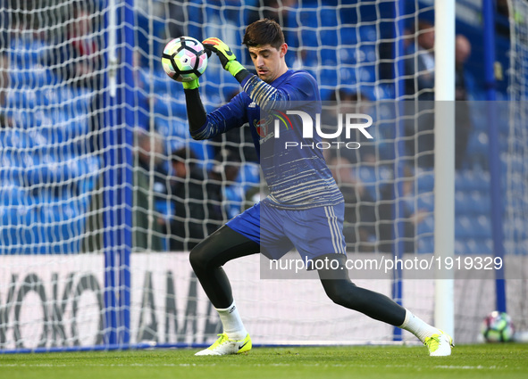 Chelsea's Thibaut Courtois during the pre-match warm-up 
during the Premier League match between Chelsea and Southampton at Stamford Bridge,...