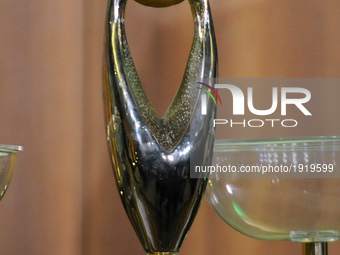The Total CAF Champions League 2017 trophy is on display during the procedure for the draw of the 21st edition of the Total CAF Champions Le...