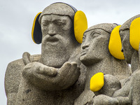 Monument to the Bandeiras is seen with yellow ear protectors on the 'International Noise Awareness Day' in Sao Paulo, Brazil on April 26, 20...