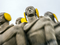 Monument to the Bandeiras is seen with yellow ear protectors on the 'International Noise Awareness Day' in Sao Paulo, Brazil on April 26, 20...
