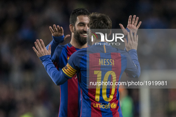  Leo Messi FC Barcelona celebrating his goal with Arda Turan of FC Barcelona during the Spanish championship Liga football match between FC...