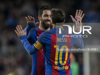  Leo Messi FC Barcelona celebrating his goal with Arda Turan of FC Barcelona during the Spanish championship Liga football match between FC...