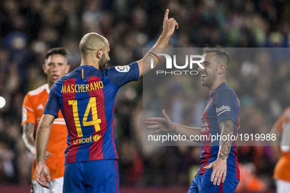 Javier Mascherano of FC Barcelona celebrating his goal with Paco Alcacer during the Spanish championship Liga football match between FC Barc...