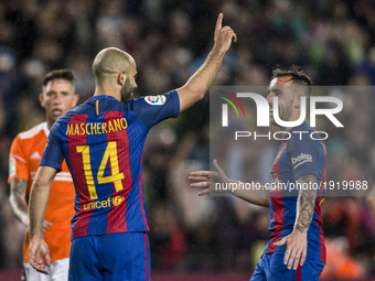 Javier Mascherano of FC Barcelona celebrating his goal with Paco Alcacer during the Spanish championship Liga football match between FC Barc...