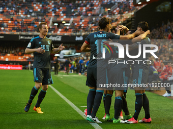 Real Sociedad players celebrates after scoring a goal during their La Liga match between Valencia CF and Real Sociedad, at the Mestalla Stad...
