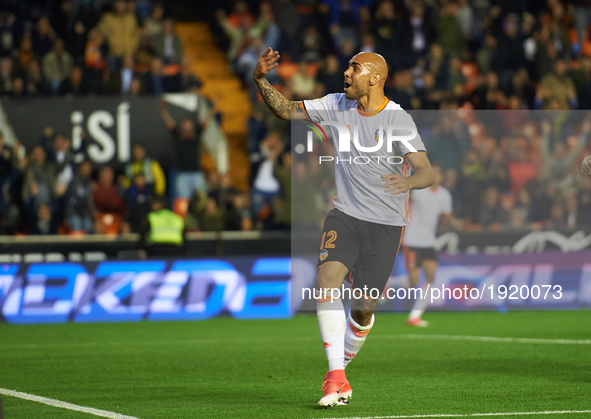 Simone Zaza of Valencia CF celebrates after scoring a goal during their La Liga match between Valencia CF and Real Sociedad, at the Mestalla...