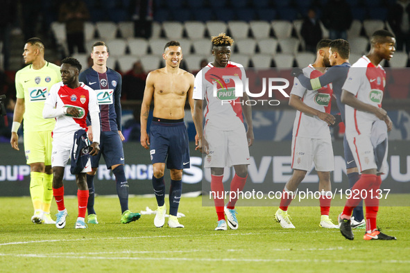 Paris Saint-Germain's Brazilian defender Marquinhos (C) after the French Cup semi-final match between Paris Saint-Germain and Monaco at the...
