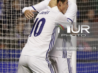  James Rodriguez midfielder of Real Madrid (10) and Alvaro Morata forward of Real Madrid (21) celebrate a goal during the La Liga Santander...