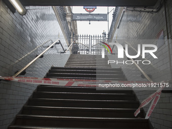The Underground station's exit is closed in London, on April 27, 2017. A man carrying knives near the Houses of Parliament has been wrestled...